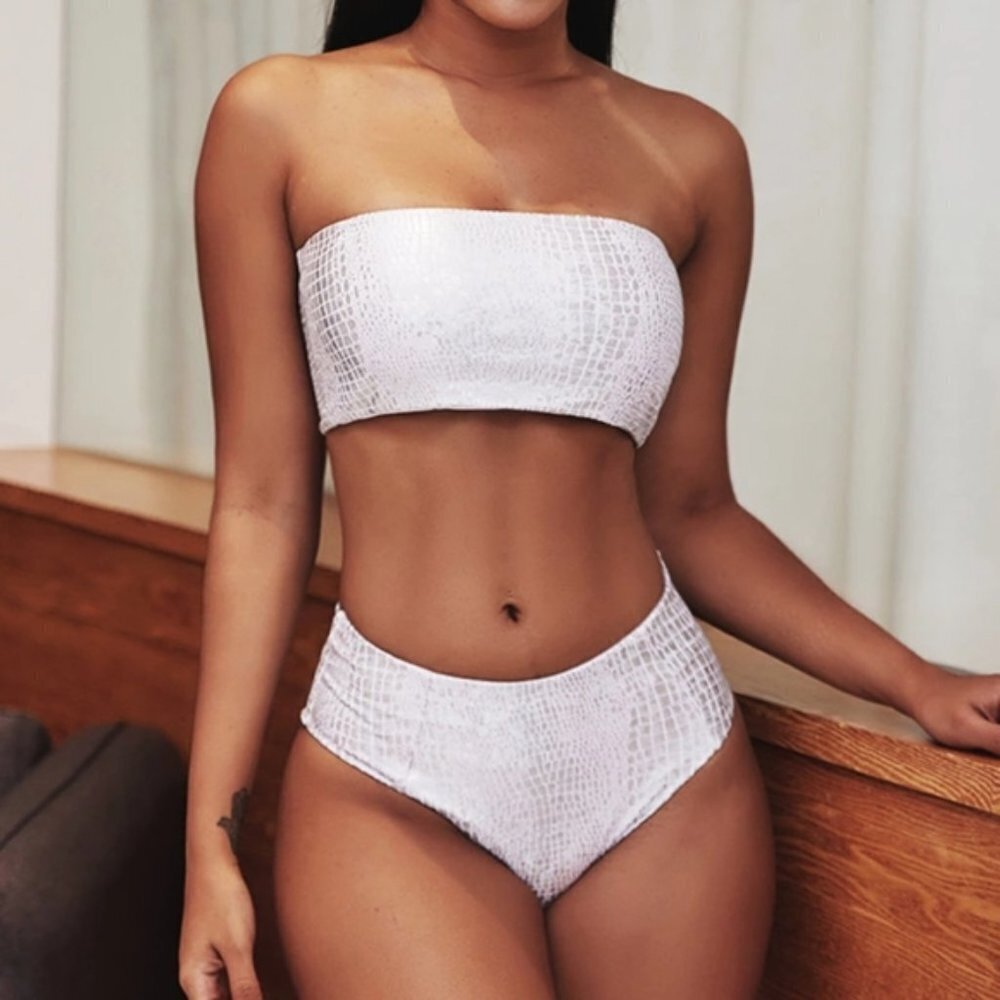 HIGH WAISTED SNAKE PRINT BANDEAU BIKINI SET